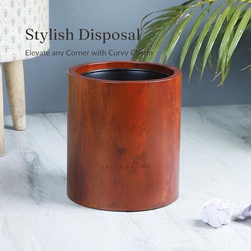 Brick Brown Premium Solid Wood Trashbin Multipurpose Furniture Basket For Home Living Room Office | Dustbin With Removal Metal Inner Liner Open-Top From Mahogany Collection (Curvy, 8X8X9 Inch) - Image 2