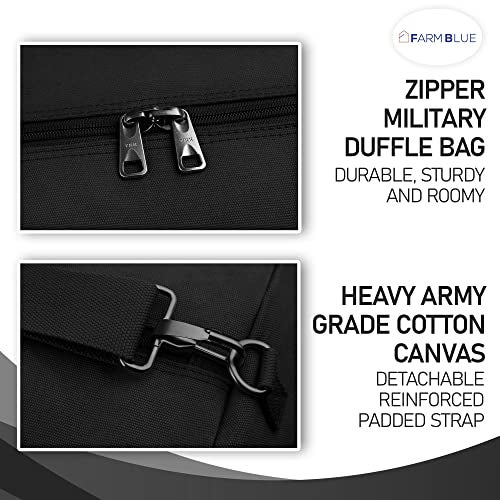 Farm Blue GI Style Zipper Duffel Bag - Large Heavy Duty Army Duffle Bag - Military Grade Cotton Canvas Duffel Bag - Reinforced Camping Bag - Strong Zipper, Center Grab Handle –21” x 36” - Black - Image 2