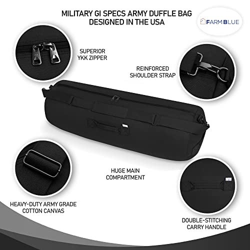 Farm Blue GI Style Zipper Duffel Bag - Large Heavy Duty Army Duffle Bag - Military Grade Cotton Canvas Duffel Bag - Reinforced Camping Bag - Strong Zipper, Center Grab Handle –21” x 36” - Black - Image 4