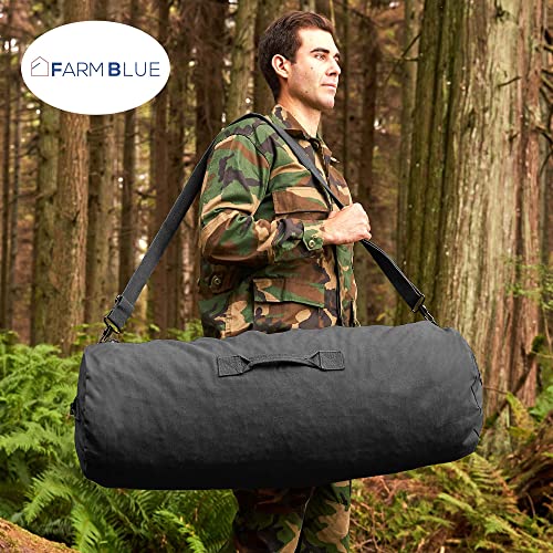 Farm Blue GI Style Zipper Duffel Bag - Large Heavy Duty Army Duffle Bag - Military Grade Cotton Canvas Duffel Bag - Reinforced Camping Bag - Strong Zipper, Center Grab Handle –21” x 36” - Black - Image 3