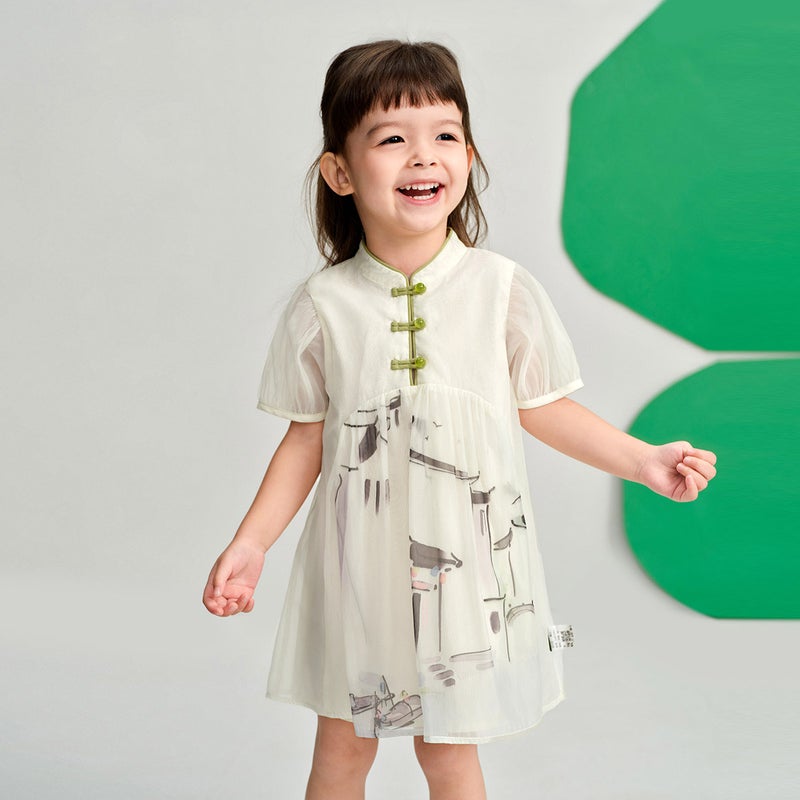 Girls National Style Ink Bubble Sleeve Skirt Childrens 2024 Summer New Childrens Mesh Princess dress Soft Silk Rice