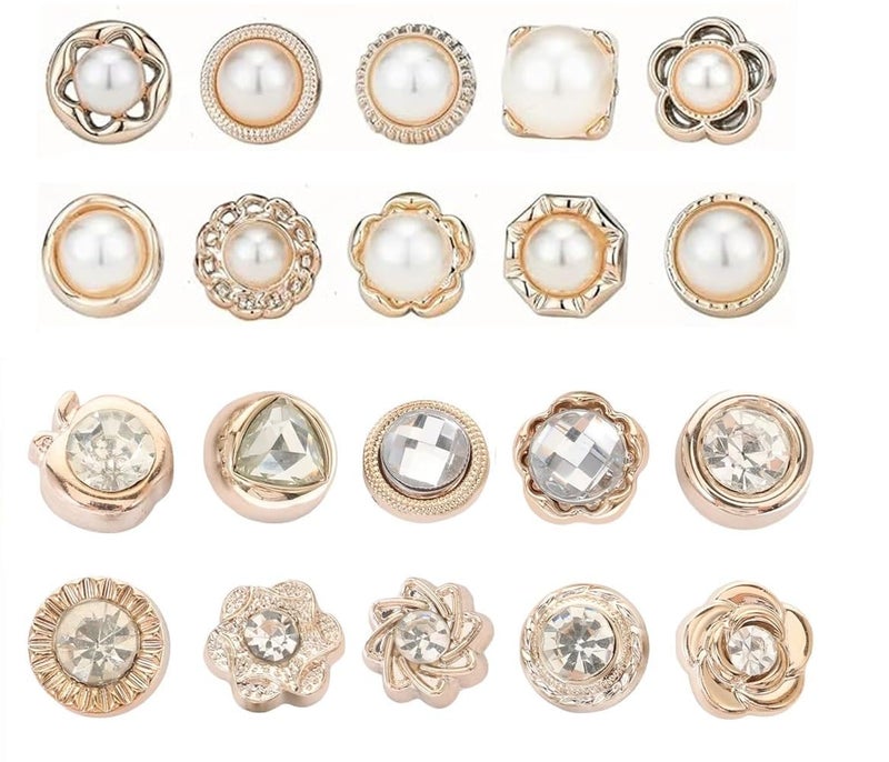 SEMITO Cleavage Cover Up Button Pins for Women & Men | 20 pcs Diamond & Pearl Shirt Brooch Set | No‑Sew Safety Pins for Saree Blouse, Jeans, Coat, Dress & Cardigan Clothing Decoration - Image 1
