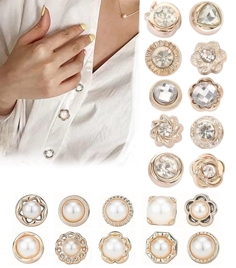 SEMITO Cleavage Cover Up Button Pins for Women & Men | 20 pcs Diamond & Pearl Shirt Brooch Set | No‑Sew Safety Pins for Saree Blouse, Jeans, Coat, Dress & Cardigan Clothing Decoration - Image 5