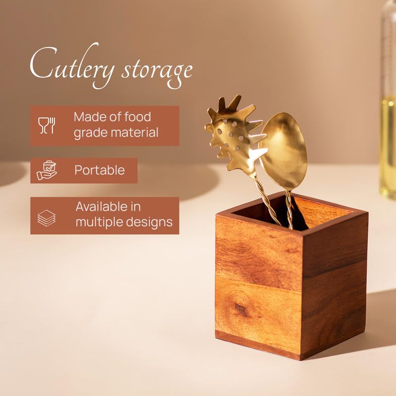 nestroots Wooden Cutlery Holder Spoon Stand For Kitchen | 6.5 Inch Brown | Cutlery Holder For Dining Table | Wooden Caddy Storage Organiser Stand Caddy Holder | Stylish & Functional Kitchen Décor - Image 4