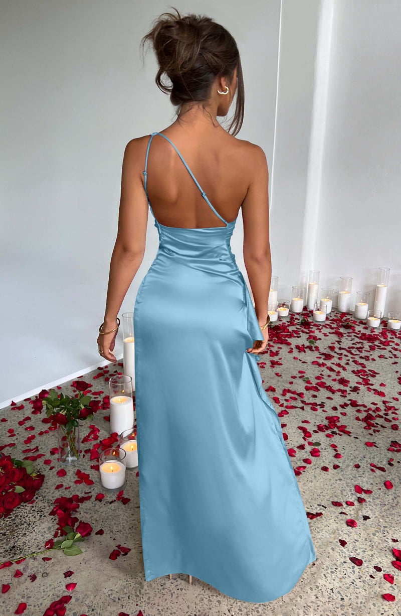 Memoriesea Women's Sexy One Shoulder Satin High Split Cocktail Wedding Party Maxi Dress Sky Blue - Image 5