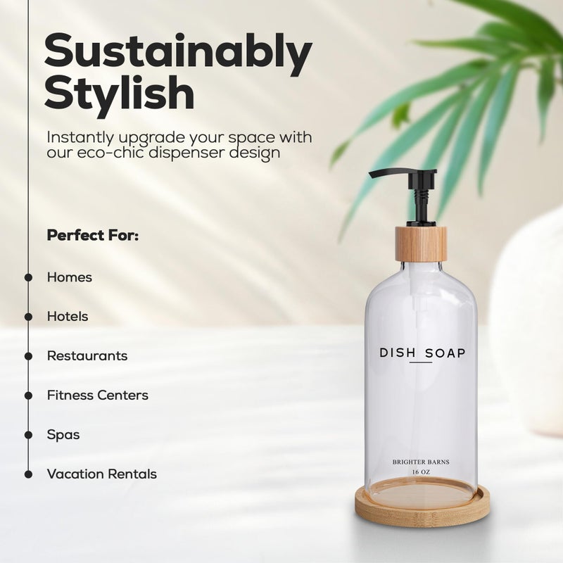 Brighter Barns Clear Glass Dish Soap Dispenser by Brighter Barns - Kitchen Sink Set With Bamboo Tray - Modern Decor and Accessories, Minimalist Neutral Home (Clear) - Image 2