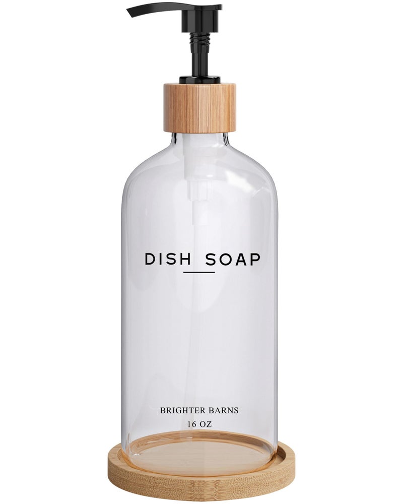 Brighter Barns Clear Glass Dish Soap Dispenser by Brighter Barns - Kitchen Sink Set With Bamboo Tray - Modern Decor and Accessories, Minimalist Neutral Home (Clear) - Image 1