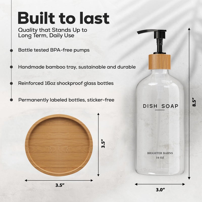 Brighter Barns Clear Glass Dish Soap Dispenser by Brighter Barns - Kitchen Sink Set With Bamboo Tray - Modern Decor and Accessories, Minimalist Neutral Home (Clear) - Image 3