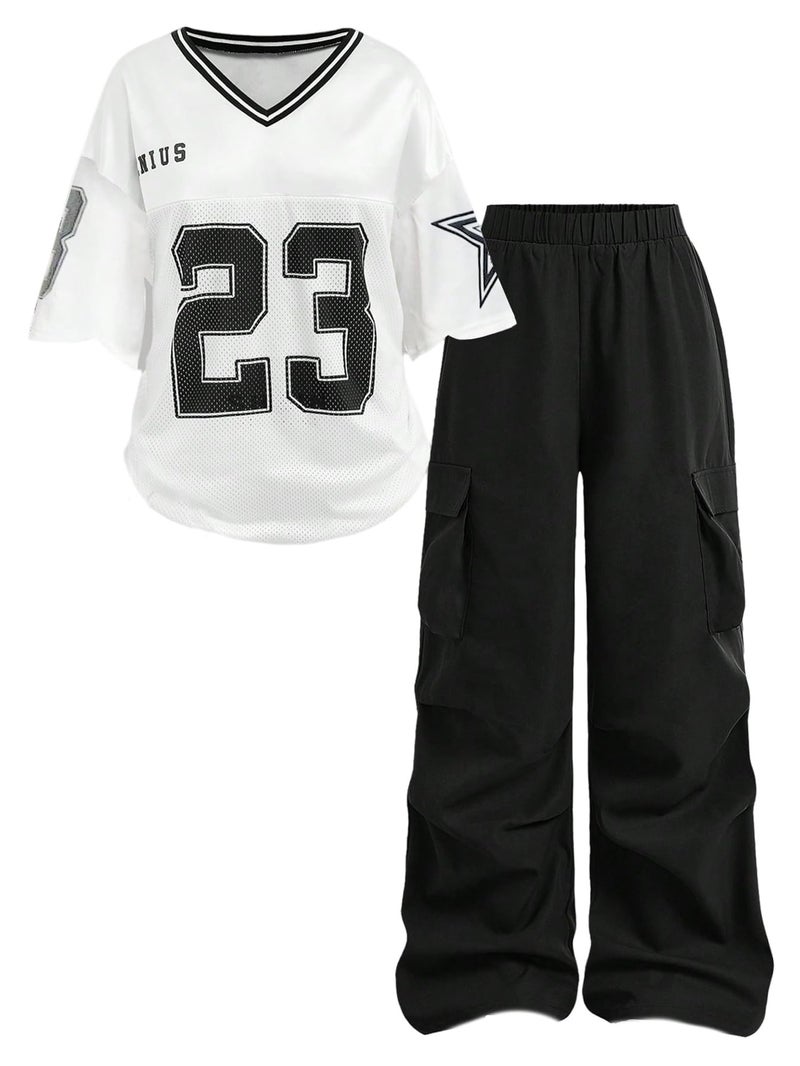 Floerns Girl's Two Piece Outfit Y2k Number V Neck Jersey Shirts with Cargo Pants Set Black 12Y - Image 1