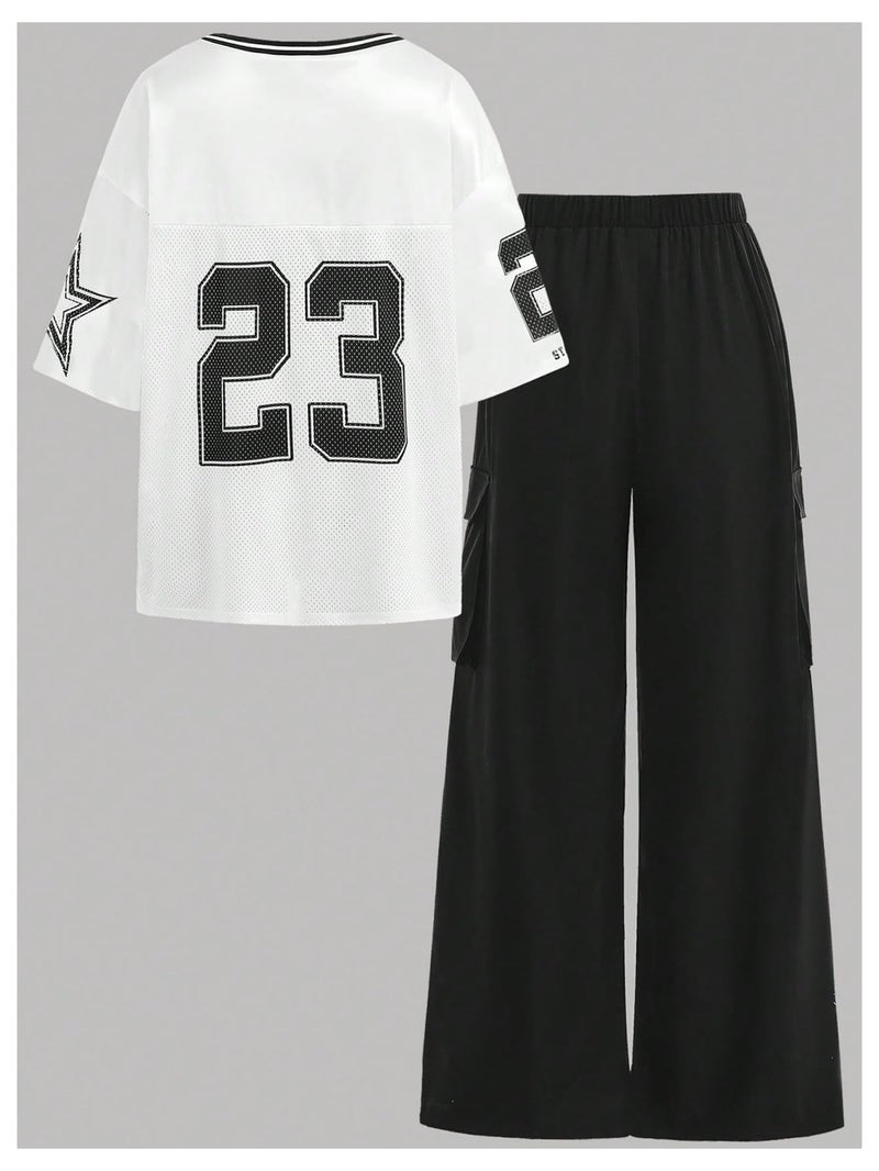 Floerns Girl's Two Piece Outfit Y2k Number V Neck Jersey Shirts with Cargo Pants Set Black 12Y - Image 2
