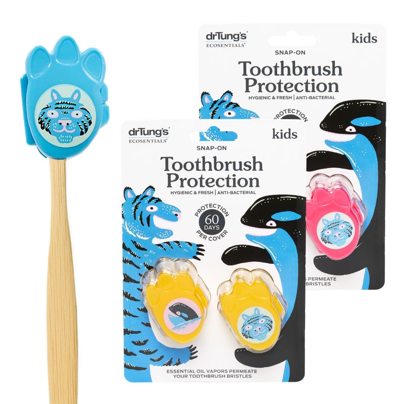 drTung's Kids Snap-On Toothbrush Protection - Toothbrush Head Cover Caps for Travel or Household, Keeps Bristles Fresh, Kid-Safe Natural Essential Oil Blend - 2 Protectors (2 Pack) - Image 1