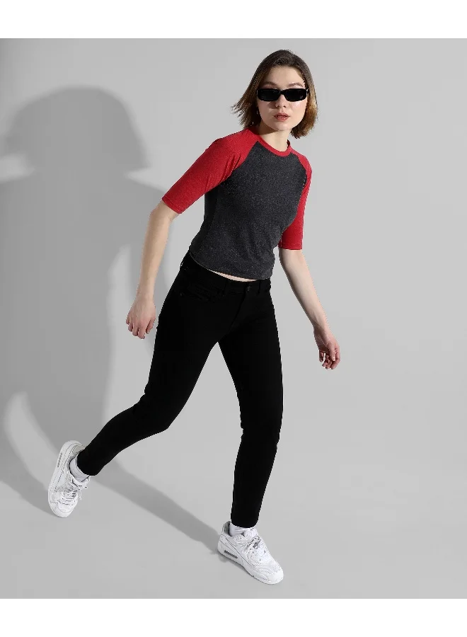 Campus Sutra Women's Red Colourblocked Regular Fit Top