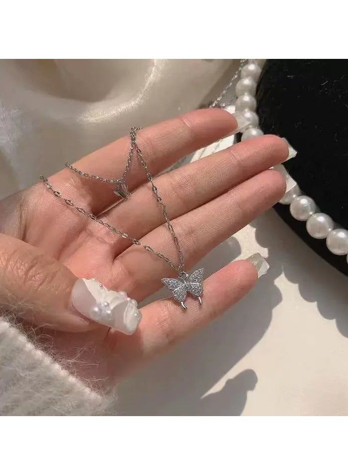Goolsky Double-Layer Butterfly Necklace with Sparkling Zircons – Korean Minimalist Collarbone Chain for Women  - Image 1