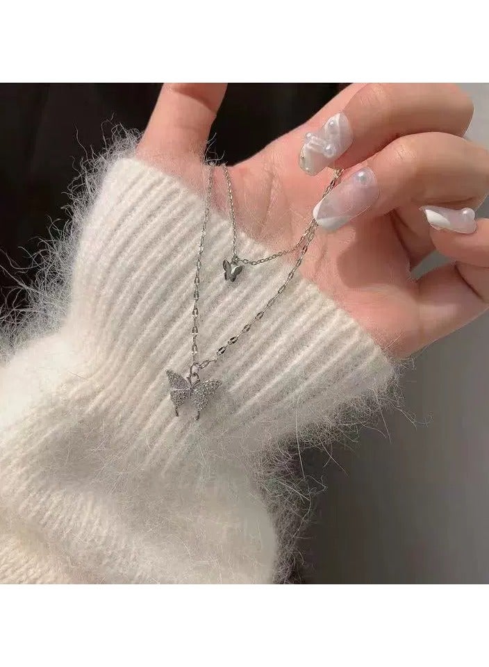 Goolsky Double-Layer Butterfly Necklace with Sparkling Zircons – Korean Minimalist Collarbone Chain for Women  - Image 4