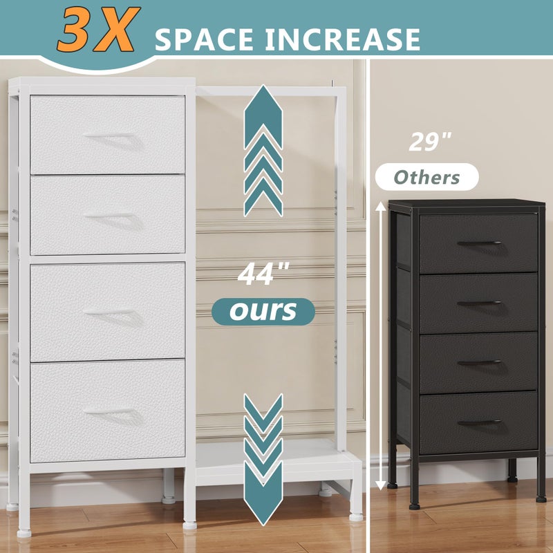 HIGDBFE Dresser with Hanging Rack, 4 Drawers Small Closet for Bedroom, Reversible Fabric Kids Chest of Drawers with Clothes Rack, Tall Storage Tower, Sturdy Frame, White, 44''H - Image 2