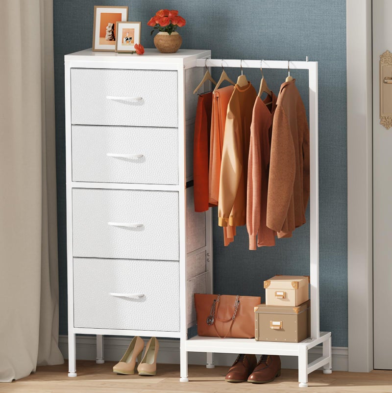HIGDBFE Dresser with Hanging Rack, 4 Drawers Small Closet for Bedroom, Reversible Fabric Kids Chest of Drawers with Clothes Rack, Tall Storage Tower, Sturdy Frame, White, 44''H - Image 1