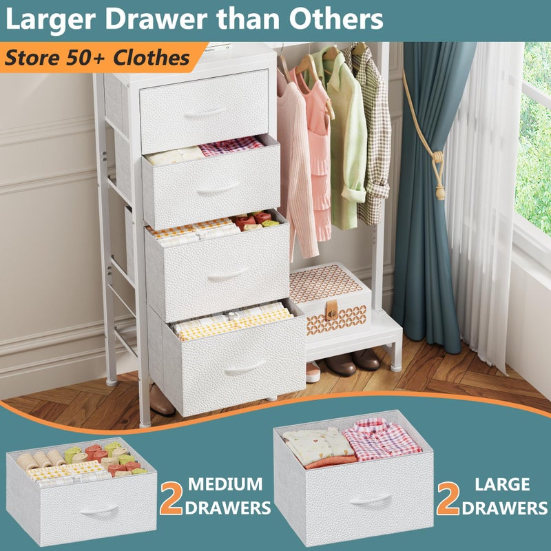 HIGDBFE Dresser with Hanging Rack, 4 Drawers Small Closet for Bedroom, Reversible Fabric Kids Chest of Drawers with Clothes Rack, Tall Storage Tower, Sturdy Frame, White, 44''H - Image 5