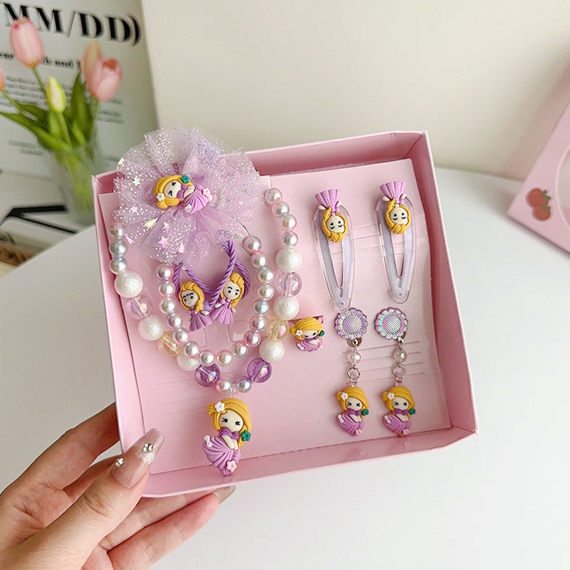 Generic Kids Jewelry Set Princess Necklace Earrings Ring Gift Box F8129-7# purple princess nine-piece boxed