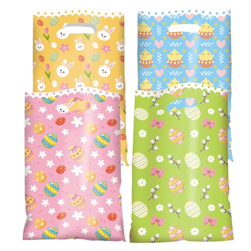 Jocomoni 100Pcs Easter Gift Bag Plastic Treat Bag with Handle Egg Bunny Candy Bags Colorful Goodie Bags for Easter Party Favor Supplies Classroom Gift Exchange - Image 1