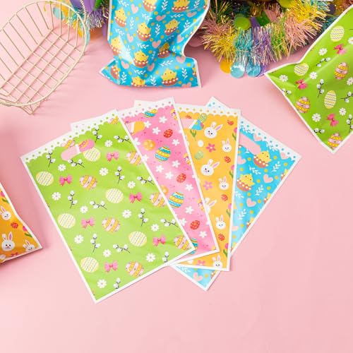 Jocomoni 100Pcs Easter Gift Bag Plastic Treat Bag with Handle Egg Bunny Candy Bags Colorful Goodie Bags for Easter Party Favor Supplies Classroom Gift Exchange - Image 4