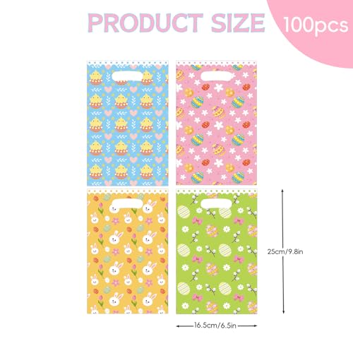Jocomoni 100Pcs Easter Gift Bag Plastic Treat Bag with Handle Egg Bunny Candy Bags Colorful Goodie Bags for Easter Party Favor Supplies Classroom Gift Exchange - Image 3