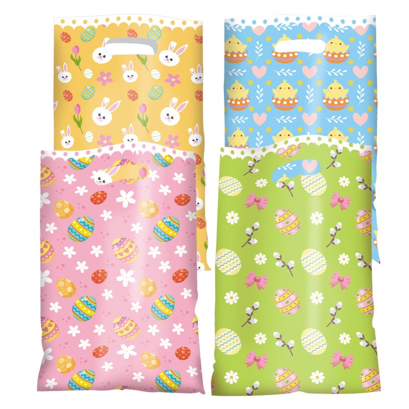 Jocomoni 100Pcs Easter Gift Bag Plastic Treat Bag with Handle Egg Bunny Candy Bags Colorful Goodie Bags for Easter Party Favor Supplies Classroom Gift Exchange - Image 5