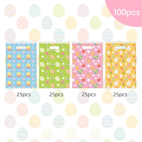 Jocomoni 100Pcs Easter Gift Bag Plastic Treat Bag with Handle Egg Bunny Candy Bags Colorful Goodie Bags for Easter Party Favor Supplies Classroom Gift Exchange - Image 2