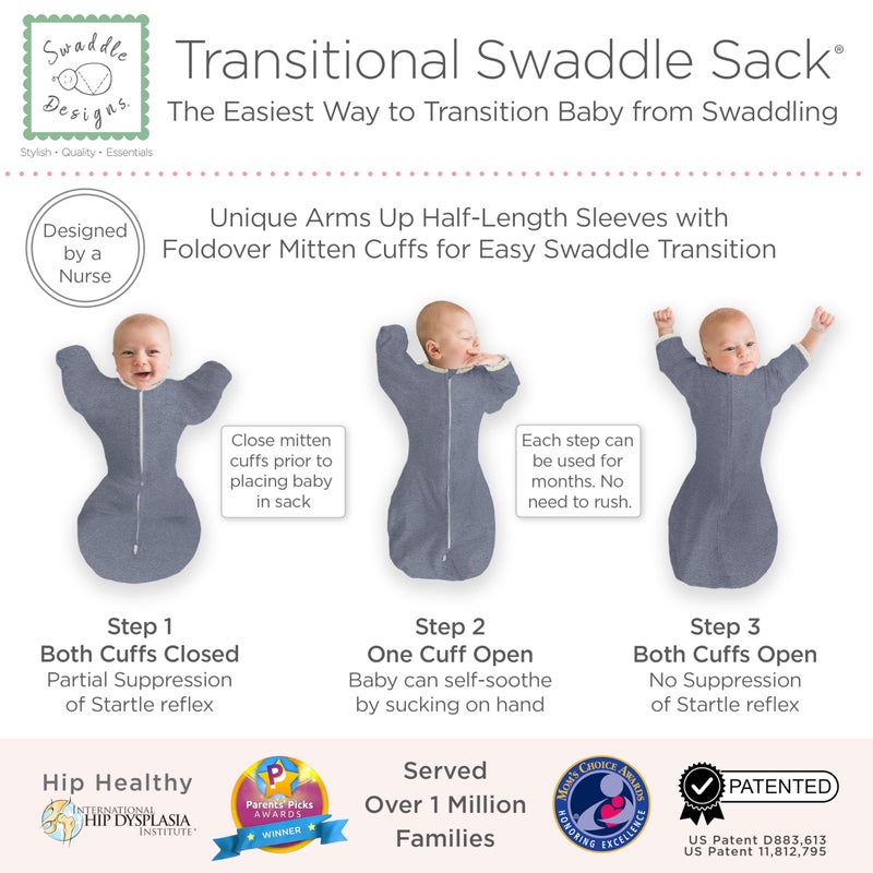 SwaddleDesigns Transitional Swaddle Sack, Arms Up Half-Length Sleeves & Mitten Cuffs, Swaddle for Newborn Transition to Baby Sleep Sack Wearable Blanket, Medium, 3-6 Month, 14-21 lb, Heathered Denim - Image 3