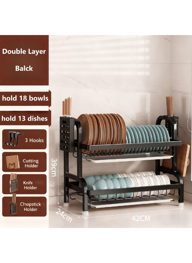 Two-Tier Dish Drying Rack, 44 x 24.3 x 34 cm, Stainless Steel Kitchen Organizer with Pull-Out Drain Tray, Utensil Holder and Non-Slip Base - Image 2