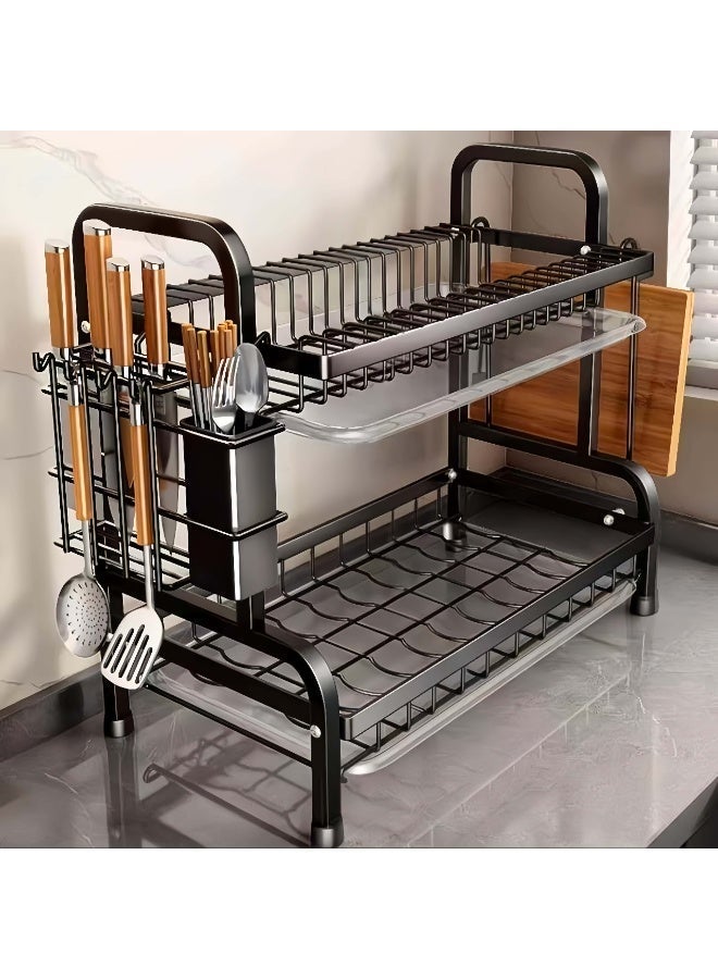 Two-Tier Dish Drying Rack, 44 x 24.3 x 34 cm, Stainless Steel Kitchen Organizer with Pull-Out Drain Tray, Utensil Holder and Non-Slip Base - Image 4