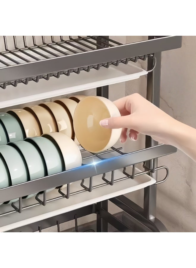 Two-Tier Dish Drying Rack, 44 x 24.3 x 34 cm, Stainless Steel Kitchen Organizer with Pull-Out Drain Tray, Utensil Holder and Non-Slip Base - Image 5