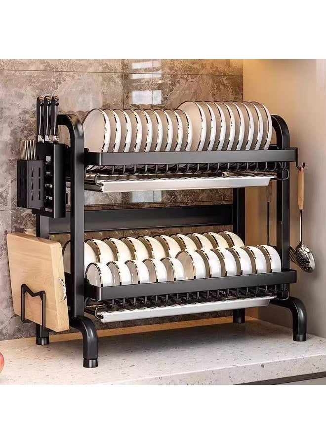 Two-Tier Dish Drying Rack, 44 x 24.3 x 34 cm, Stainless Steel Kitchen Organizer with Pull-Out Drain Tray, Utensil Holder and Non-Slip Base - Image 1