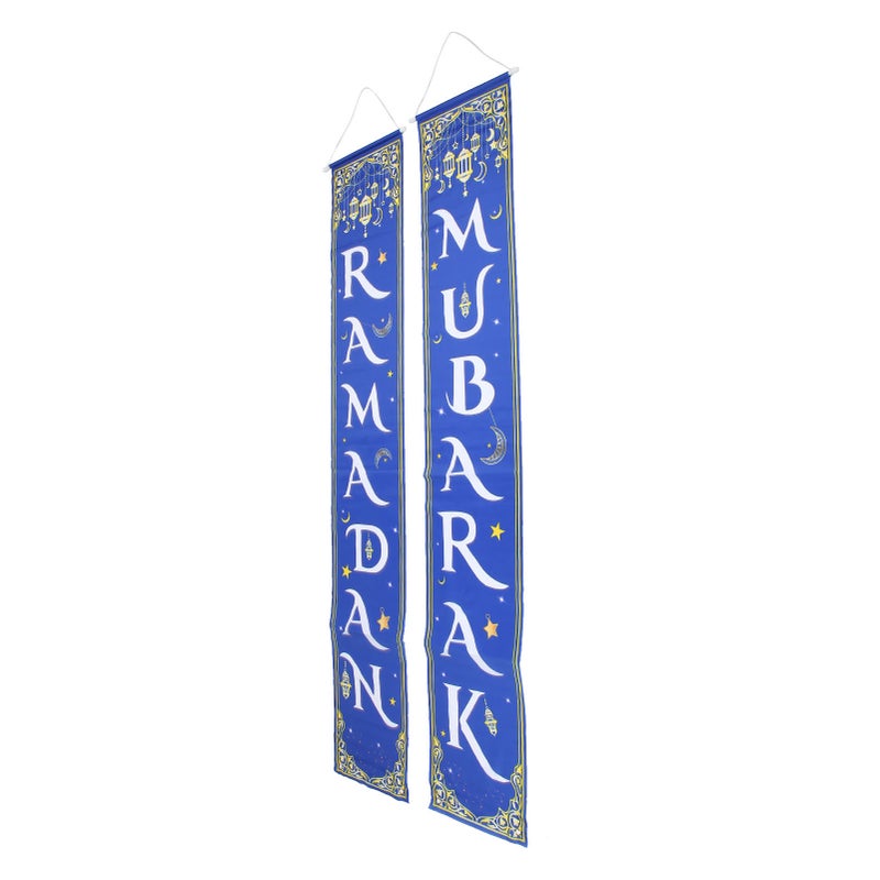 2pcs Eid Mubarak Porch Sign Waterproof Blue Background 100D Polyester Ramadan Mubarak Hanging Banner for Indoor Outdoor - Image 5