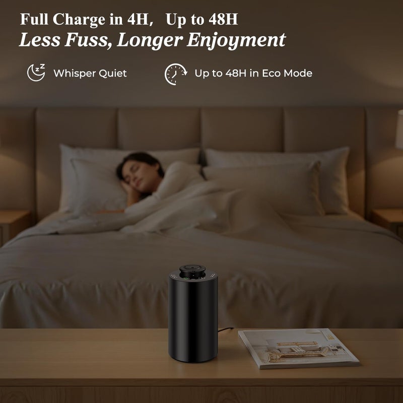 URPOWER Waterless Essential Oil Diffuser: No Water Needed Battery Operated Scent Diffuser - 2 * 20ML Hotel Fragrance Essential Oils - Cordless & Mini Oil Machine Aluminum for Car Home Office(Black) - Image 3