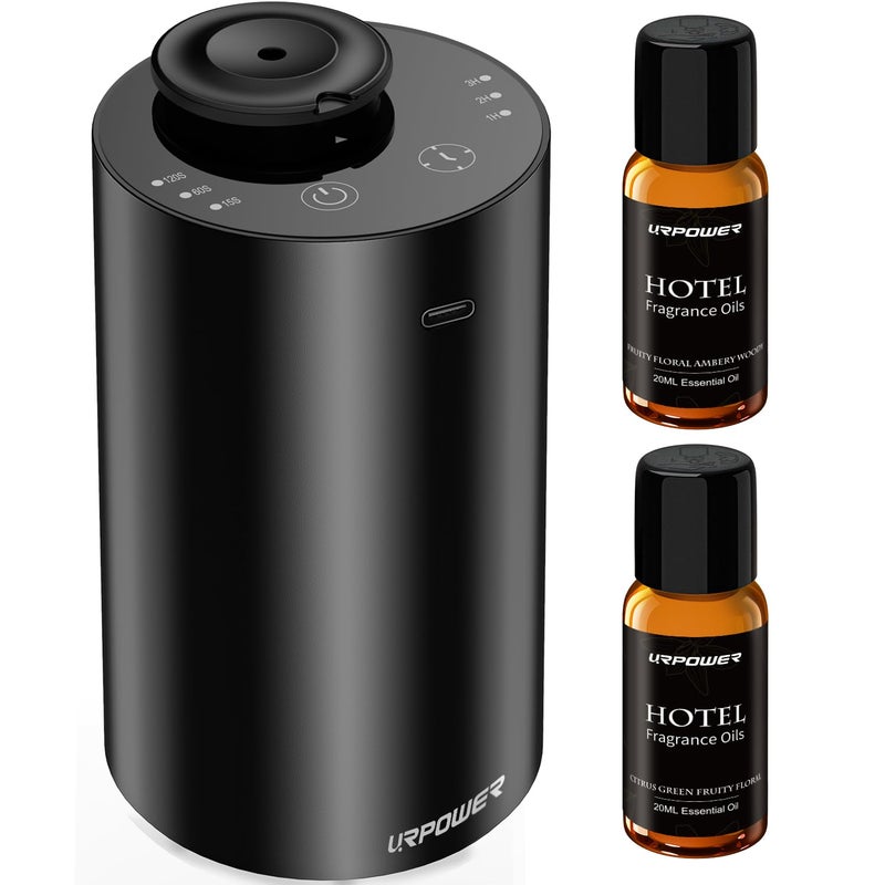 URPOWER Waterless Essential Oil Diffuser: No Water Needed Battery Operated Scent Diffuser - 2 * 20ML Hotel Fragrance Essential Oils - Cordless & Mini Oil Machine Aluminum for Car Home Office(Black) - Image 1