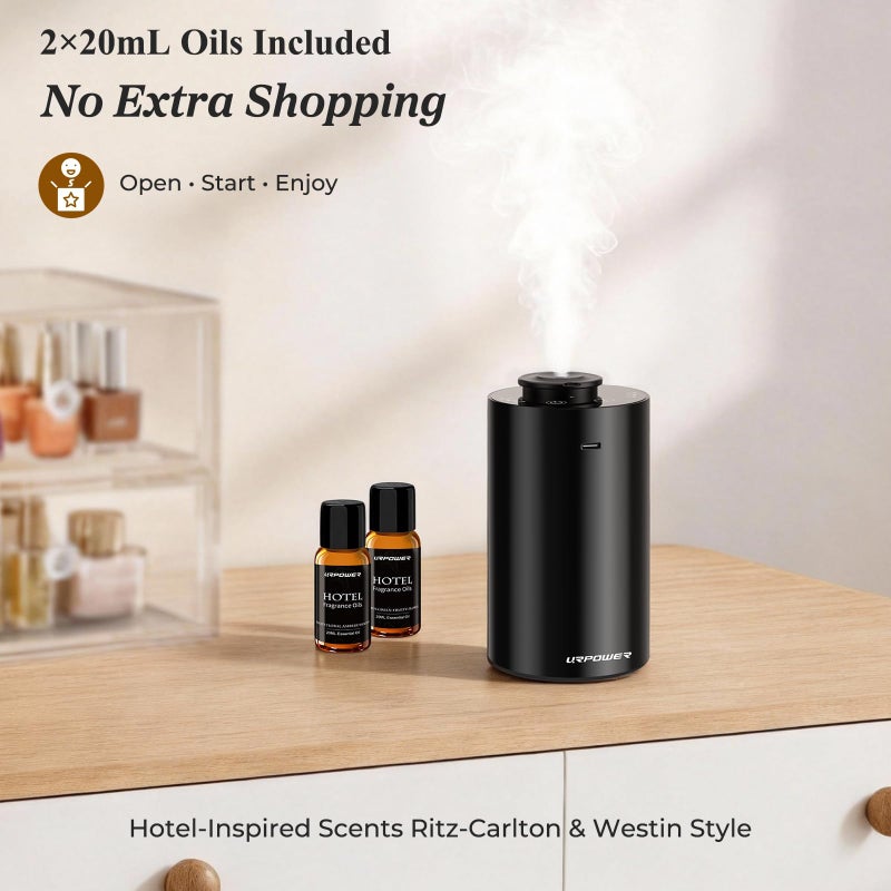 URPOWER Waterless Essential Oil Diffuser: No Water Needed Battery Operated Scent Diffuser - 2 * 20ML Hotel Fragrance Essential Oils - Cordless & Mini Oil Machine Aluminum for Car Home Office(Black) - Image 4