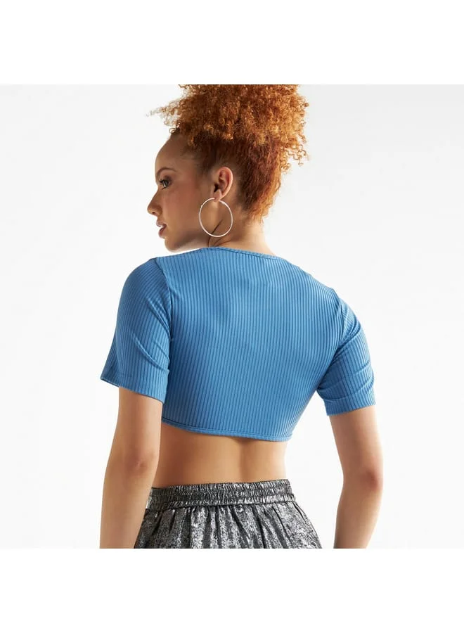 Splash FAV Ribbed Crop Top with Embellished Detail and Short Sleeves