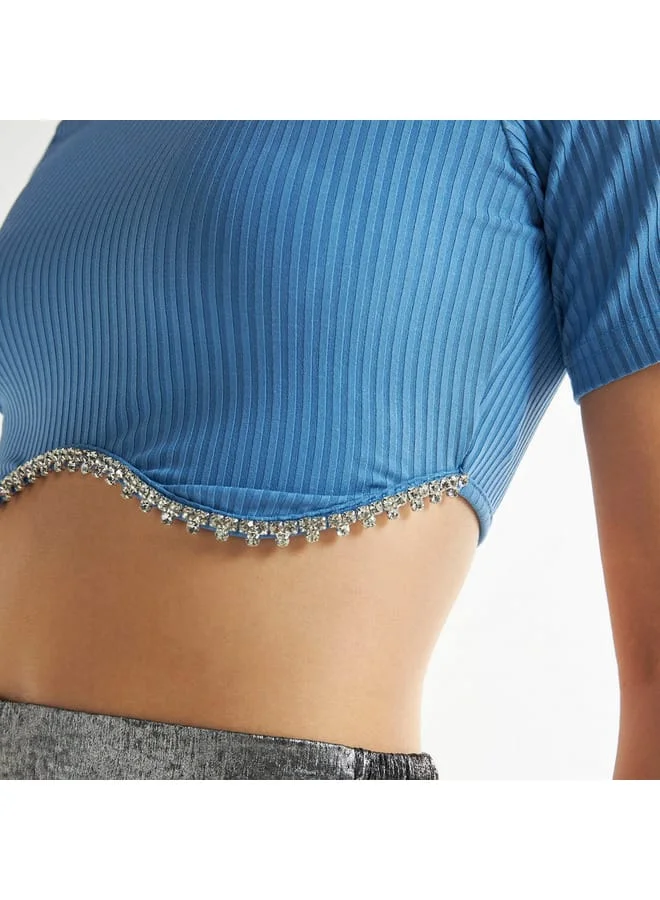 Splash FAV Ribbed Crop Top with Embellished Detail and Short Sleeves