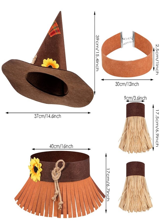 واي دريس مجموعة من 5 قطع من أزياء فزاعة الهالوين، وقبعة فزاعة من اللباد، وقلادة، وحزام خصر، وأساور معصم من القش، وإكسسوارات حفلات الهالوين - Image 2