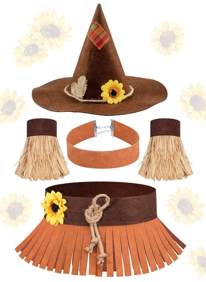 واي دريس مجموعة من 5 قطع من أزياء فزاعة الهالوين، وقبعة فزاعة من اللباد، وقلادة، وحزام خصر، وأساور معصم من القش، وإكسسوارات حفلات الهالوين - Image 1
