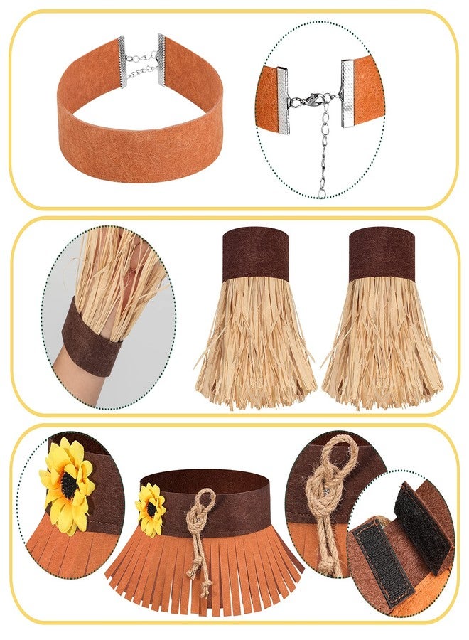 واي دريس مجموعة من 5 قطع من أزياء فزاعة الهالوين، وقبعة فزاعة من اللباد، وقلادة، وحزام خصر، وأساور معصم من القش، وإكسسوارات حفلات الهالوين - Image 4