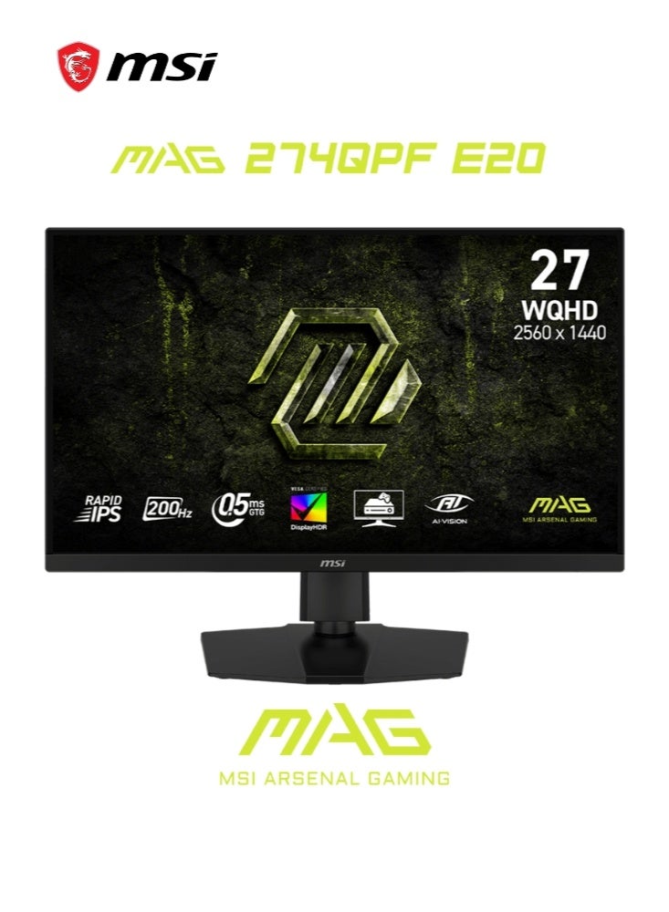 إم اس أي MAG 274QPF E20 | 27-inch 2560 x 1440 (QHD) Gaming Monitor | 200Hz | Adaptive-Synch, HDMI, DisplayPort | VESA Mountable, Tilt, Height Adjustable | Black | 9S6-3CF69T-001 - Image 1