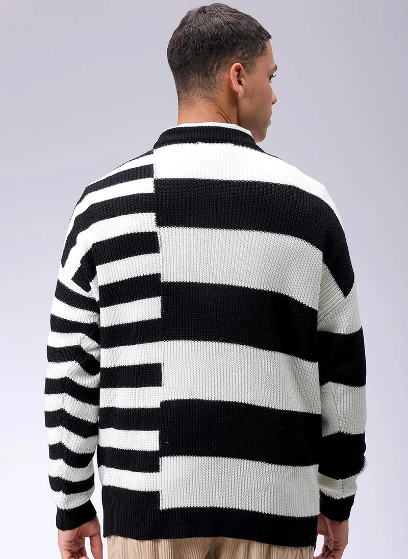 ذا انديان كراج كو Men Oversized Striped Crew Neck Sweater