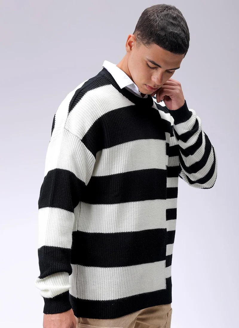ذا انديان كراج كو Men Oversized Striped Crew Neck Sweater