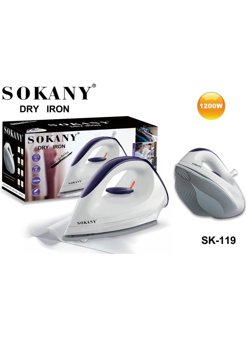 Sokany 1200W Dry Iron - Heats up quickly, irons safely on all fabrics, and features a smooth, non-stick soleplate - A-119 - Image 1