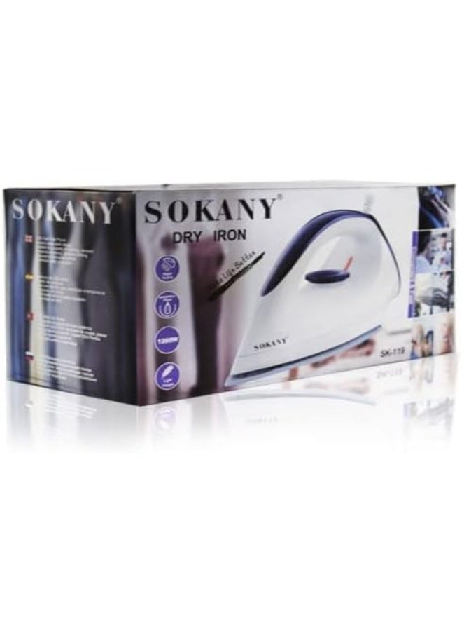 Sokany 1200W Dry Iron - Heats up quickly, irons safely on all fabrics, and features a smooth, non-stick soleplate - A-119 - Image 2