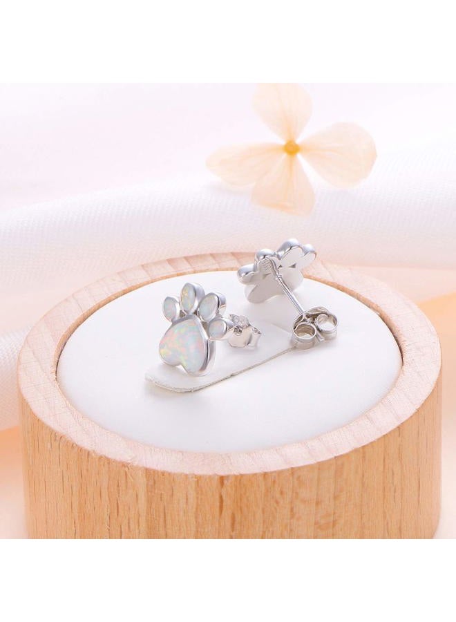 Ladytree S925 Sterling Silver Jewelry Puppy Dog Cat Pet Paw Print White Simulated Opal Stud Earrings, Metal, Created Opal - Image 3