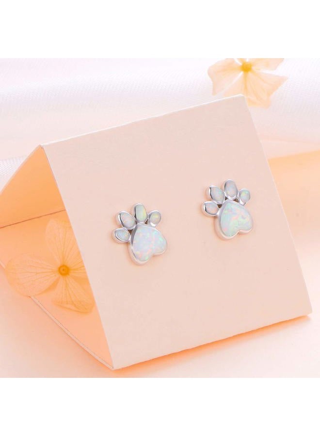 Ladytree S925 Sterling Silver Jewelry Puppy Dog Cat Pet Paw Print White Simulated Opal Stud Earrings, Metal, Created Opal - Image 5