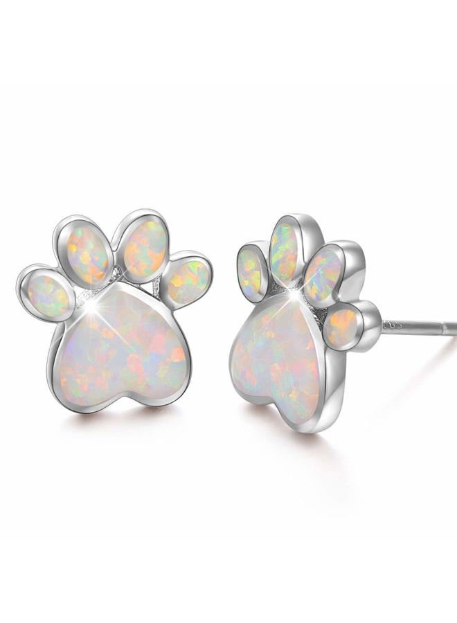 Ladytree S925 Sterling Silver Jewelry Puppy Dog Cat Pet Paw Print White Simulated Opal Stud Earrings, Metal, Created Opal - Image 1