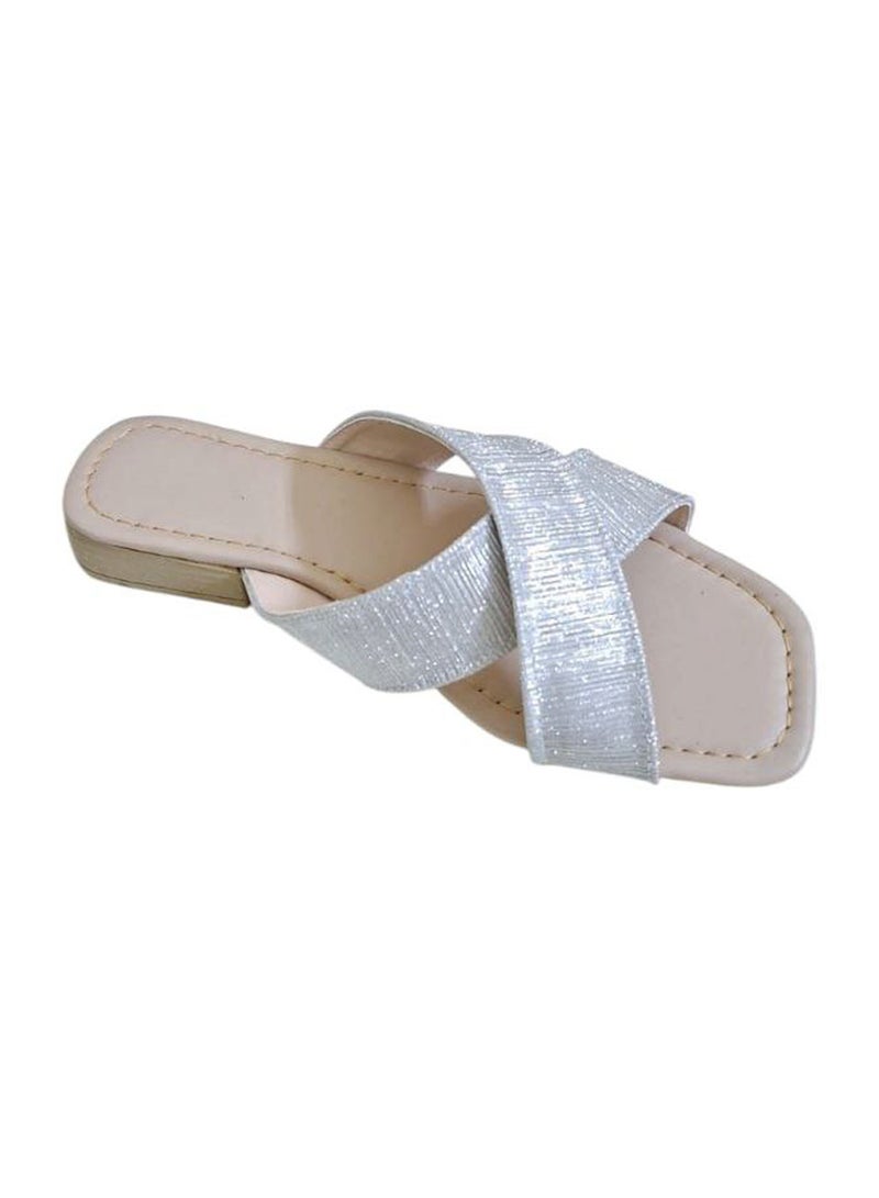 Karisma Simple Double Strap Flat Squared Toe Slippers With Glitter Print Material - Image 3